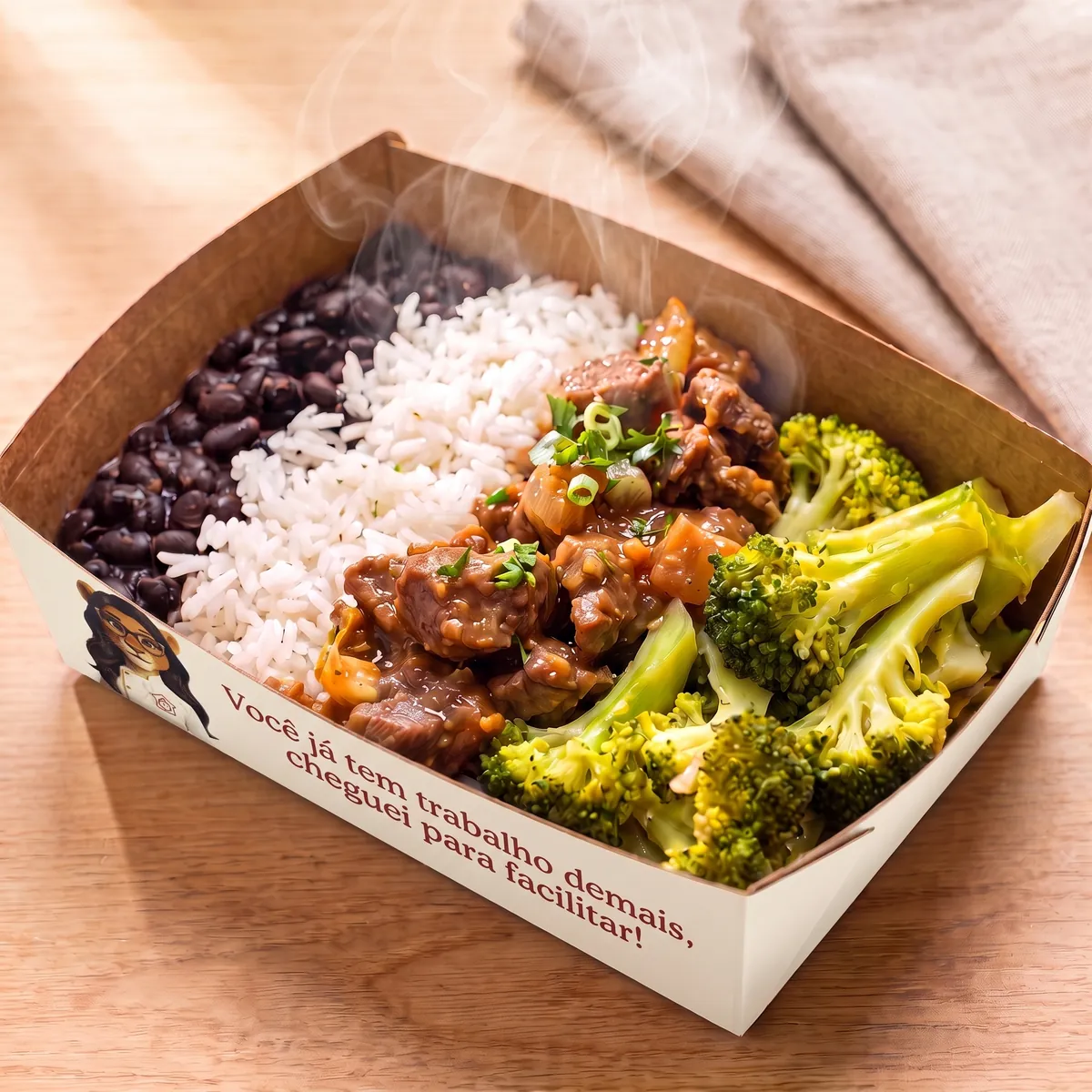 Carne com brócolis, arroz e feijão, com a textura de comida feita agora