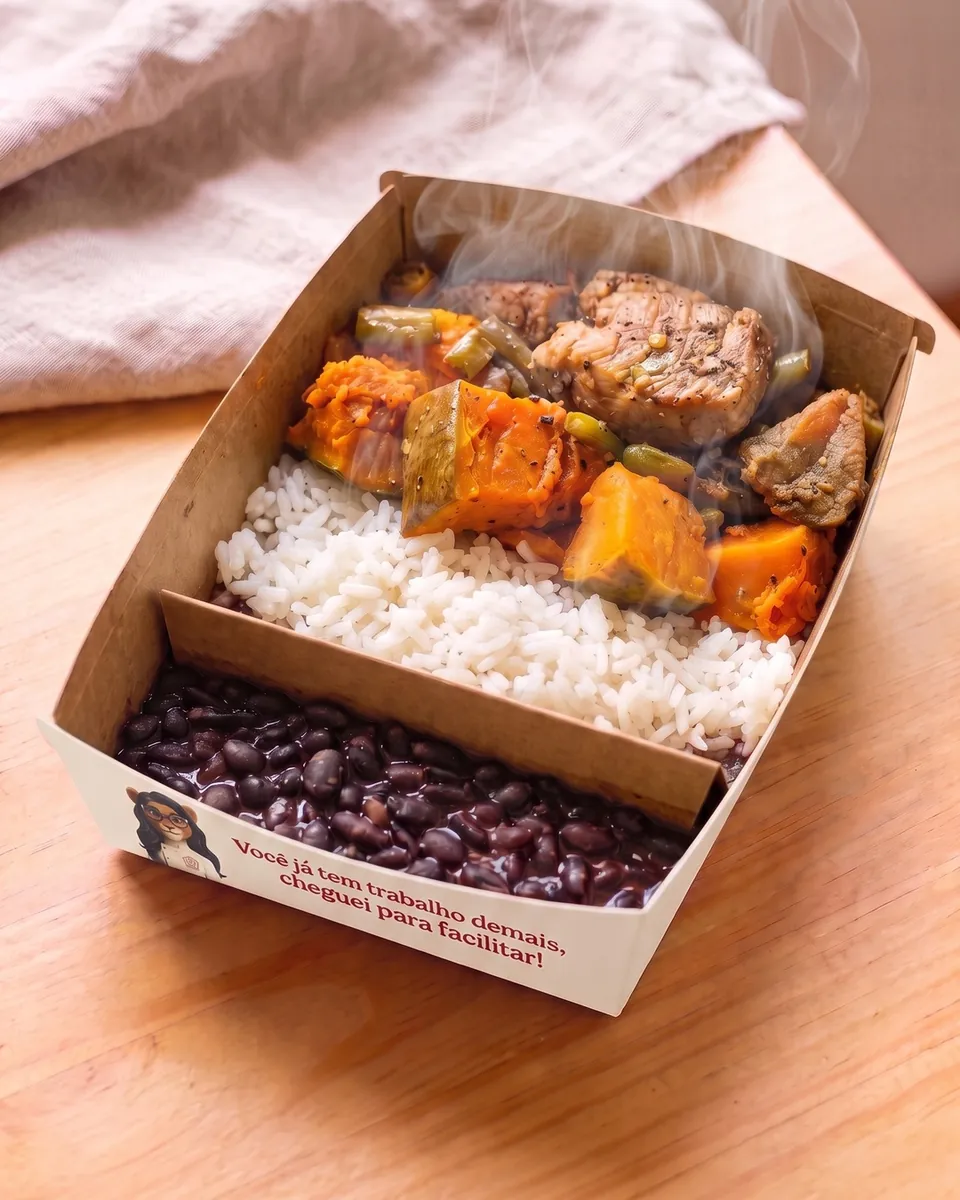 Carne suína com abóbora e vagem, arroz e feijão na caixa da Calore