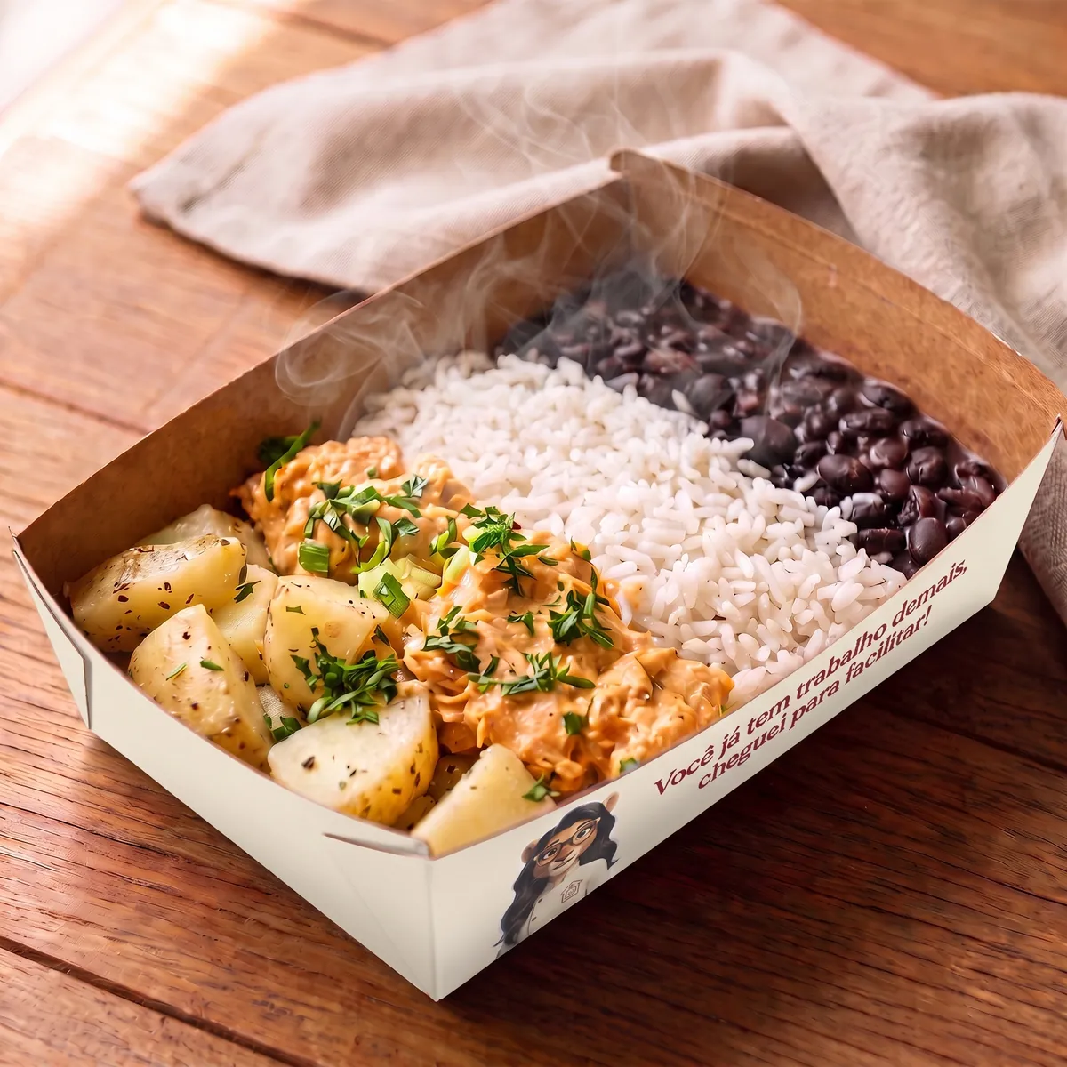 Estrogonofe de frango com batata, arroz e feijão, com a textura preservada